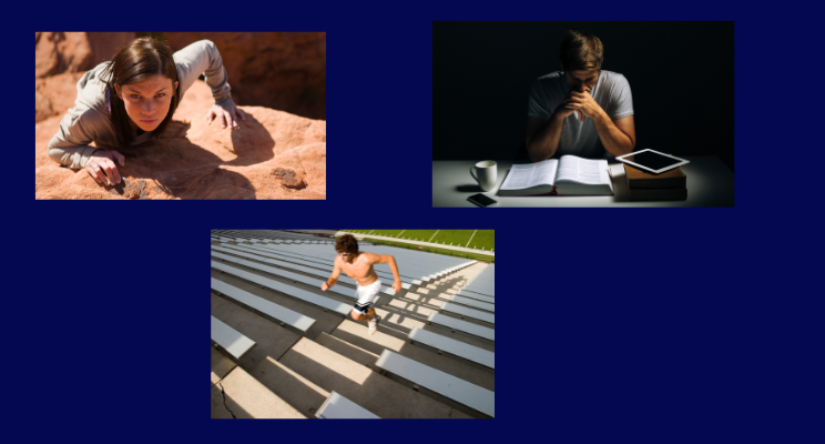 3 photos: one of a woman climbing up a mountain, onf of a runner going up stairs, and one of a man reading a book.