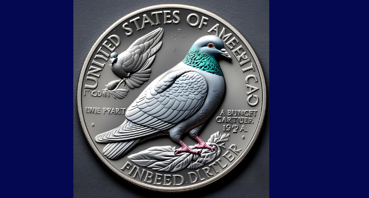 A coin with 2 birds on the face.