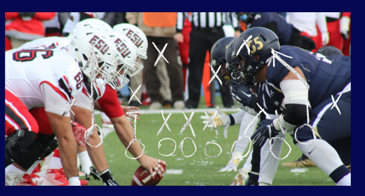 An image of a football team lined up for a play, with plays written atop the image.